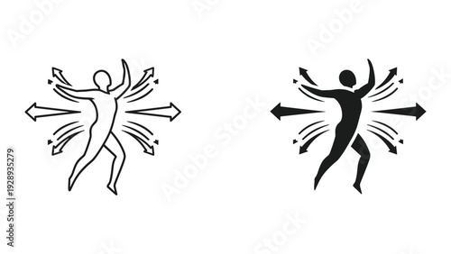 Dynamic human figures with motion arrows in black and white