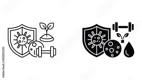 Immunity and fitness shield protection icons set