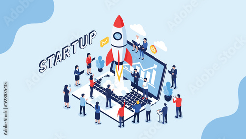 Startup business concept with a rocket launching from a laptop screen surrounded by a team of professional office employees.