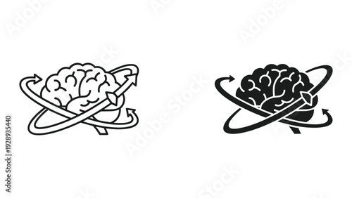 Dynamic brain illustrations with curved arrows for creative thinking