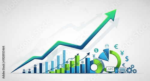 Financial growth chart with upward trend and currency symbols.