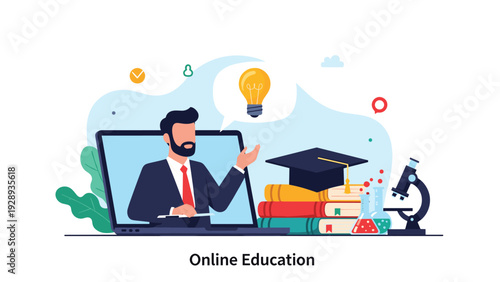 Online education platform features a male teacher on a laptop screen next to a stack of books, a graduation cap, and scientific tools.