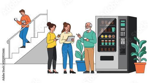 Diverse colleagues enjoy a casual coffee break in a modern office setting featuring a large coffee vending machine and indoor plants.