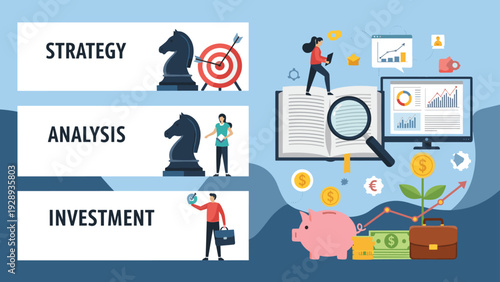 Business strategy infographic displaying banners for strategy, analysis, and investment alongside icons like chess pieces and a piggy bank.