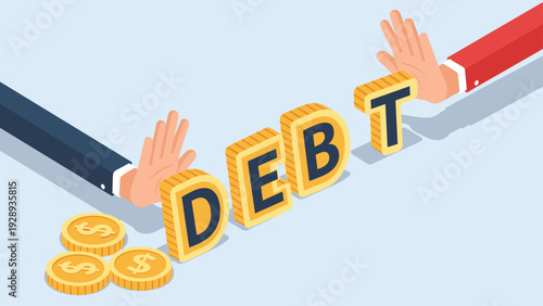 Hands push back against the word DEBT constructed from large blocks to illustrate the struggle of overcoming financial burdens.
