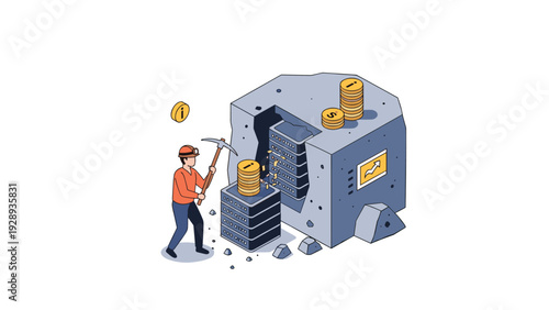 Determined miner uses a pickaxe to extract valuable computer servers and gold coins from a large rock to represent data and crypto mining.