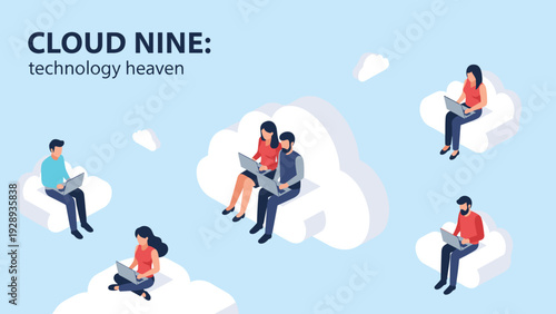 Group of diverse tech users sit on fluffy white clouds using laptops to illustrate the concept of cloud computing and digital connectivity.