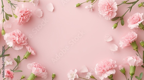 Pink carnations frame on a pastel pink background with petals scattered around.
