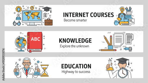 Informative banners for internet courses, knowledge expansion, and education featuring professional characters and symbolic academic icons.