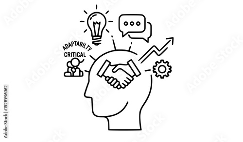 A vector graphic illustration of a head with ideas and adaptability concepts