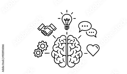 A minimalist vector graphic illustrating a brain with creative and social symbols