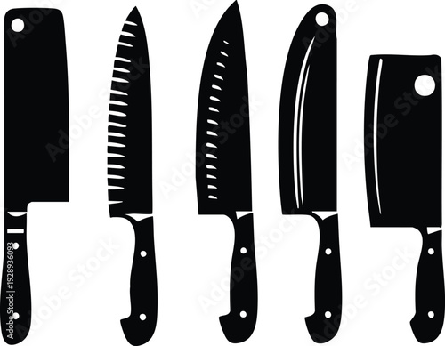 Collection of five black kitchen knife silhouettes including chefs knife and cleaver for culinary design and cooking concepts isolated on white isolated on white background