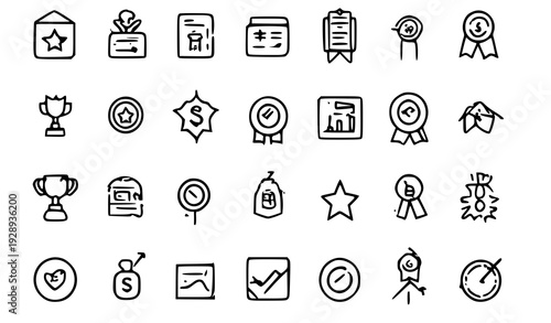 A collection of black and white line art icons representing awards and achievements