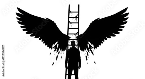 silhouette of a man standing in front of large spreading wings and a tall cracked wooden ladder