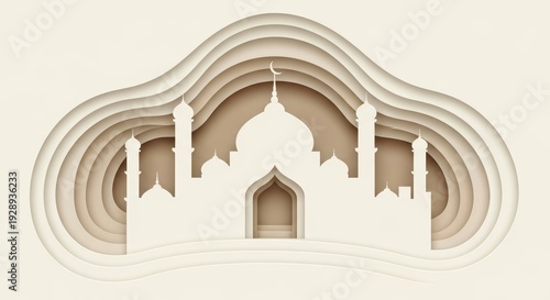 Minimal Paper Cut Mosque Arch Beige Ramadan Background