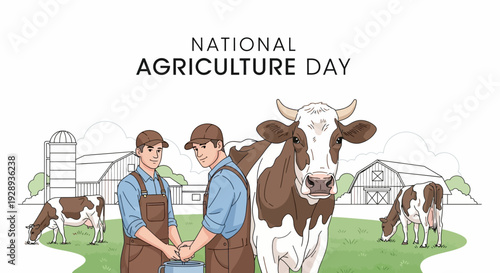 Illustration of two farmers shaking hands in front of a cow and barn on National Agriculture Day with a rural landscape background.