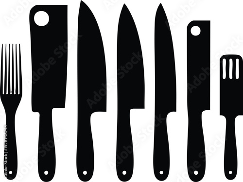 Collection of black kitchen utensil silhouettes including knives and a fork ideal for culinary design elements and cooking concepts isolated on white background