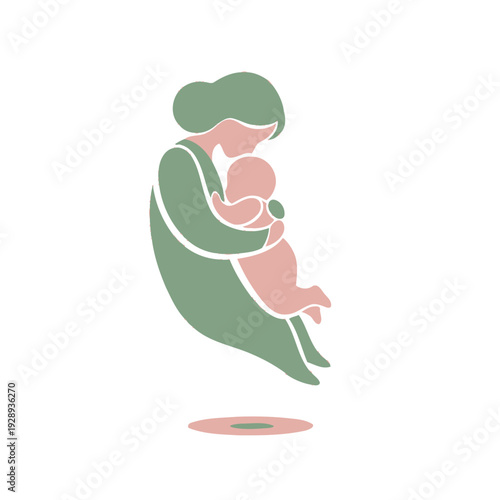 Gentle minimalist vector illustration of a mother embracing her baby symbolizing maternal love and f