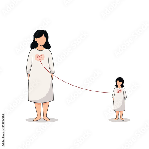 Minimalist illustration of a mother and child connected by a red string heart symbolizing strong fam