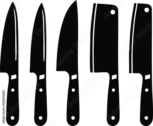 Collection of five black kitchen knives chef knife and cleaver set flat vector illustration for culinary design and cooking concepts isolated on white isolated on white background