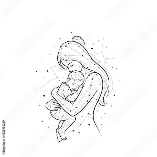 Tender mother embracing her sleeping baby a minimalist line art illustration with abstract dots symb