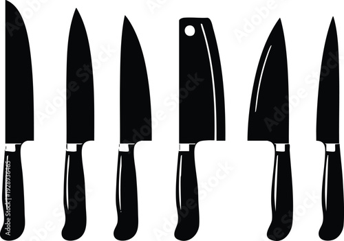 Collection of black kitchen knives professional chef tools and cutlery set for cooking isolated on white background