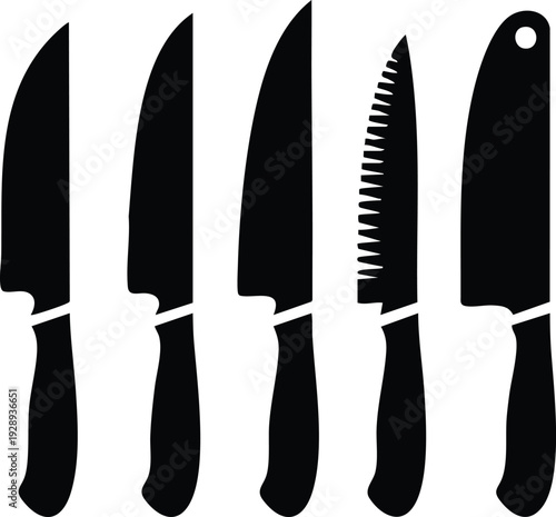 Collection of five black kitchen knife silhouettes representing different types for cooking and food preparation isolated on white background