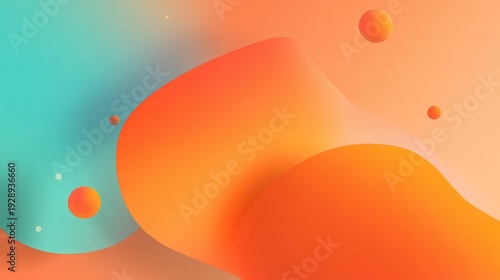 Colorful Abstract Background with Curved Shapes and Floating Spheres in Bright Orange and Teal Tones for Creative Designs