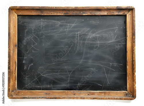 A dark and weathered vintage chalkboard rests against a textured grunge concrete wall, featuring an aged black surface with a dusty pattern of chalk and a blank wooden frame