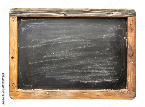 A dark and weathered vintage chalkboard rests against a textured grunge concrete wall, featuring an aged black surface with a dusty pattern of chalk and a blank wooden frame