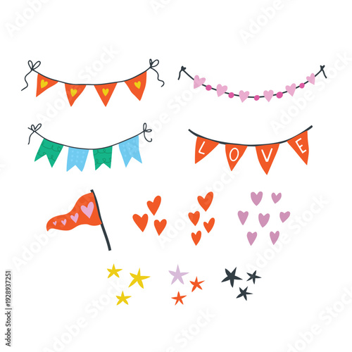 Party Garlands and Decorations Set Vector Illustration. This vector collection is ideal for birthday invitations, celebration graphics and festive decor.