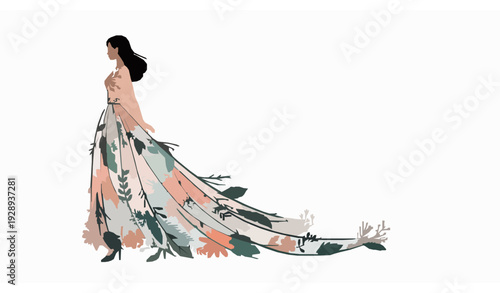 Young Woman Walking in Long Floral Gown Fashion Vector Illustration for Beauty Design