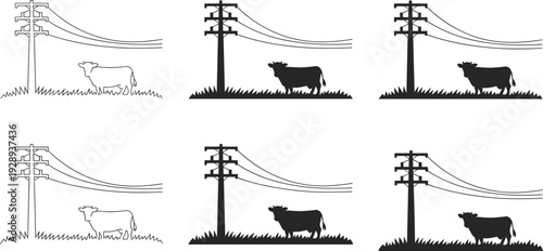 Grid of cows standing in grassy fields near utility poles with power lines, presented in line and silhouette styles