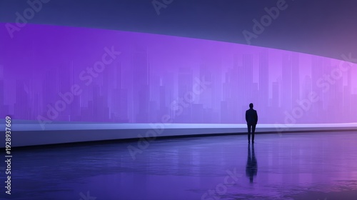 Silhouette of a Person Gazing at a Futuristic Cityscape with Vibrant Purple Light Reflections and Abstract Architecture