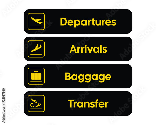 Airport Signage Icons – Departures, Arrivals, Baggage, Transfer