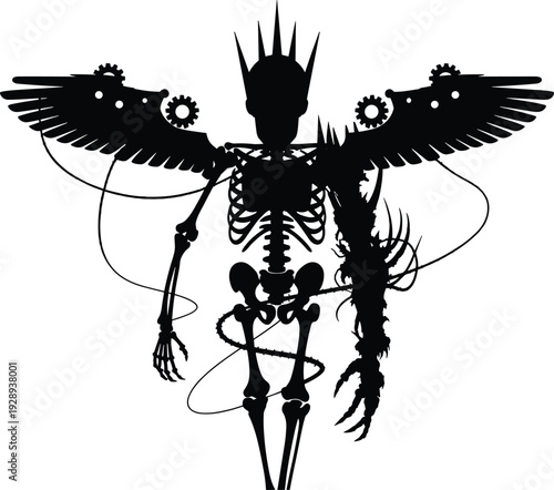 Steampunk skeleton with mechanical wings and a robotic arm, a dark fantasy silhouette of a cyborg creature