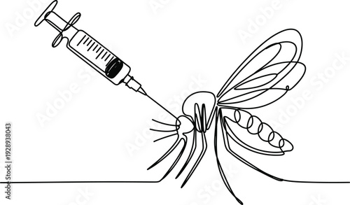 Stylized single line of a mosquito being injected with a syringe, symbolizing disease prevention or medical intervention