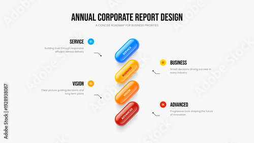 Professional Performance Slide Layout Vector Illustration. Modern Briefing 4 Element Diagram Slideshow Design. Digital Forecast Four Step Infographic Presentation Template.