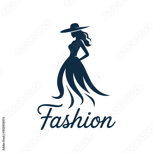Elegant woman in a stylish hat and flowing dress silhouette logo design