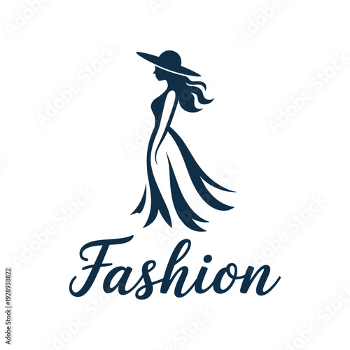 Elegant woman in a stylish dress and hat silhouette logo design