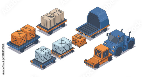 isometric airport baggage carts and luggage hand drawn vector illustration collection