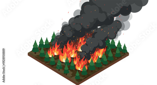 isometric forest fire with bright flames and thick smoke hand drawn illustration