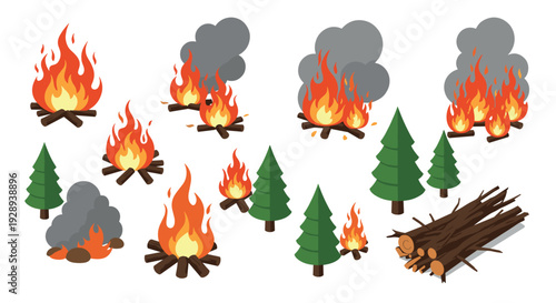set of hand drawn campfires with smoke trees and wood logs in a flat style for nature and outdoor design