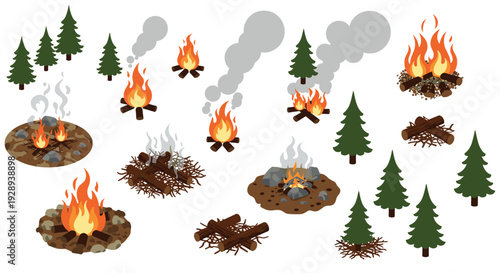 campfire and pine tree collection with hand drawn style camping and outdoor elements