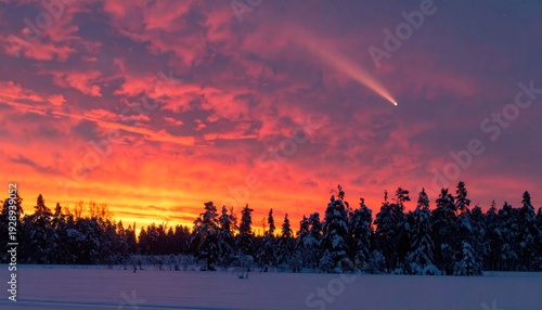 Snowy Landscape with Vibrant Sunset Colors.