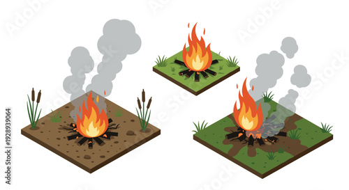 isometric campfire set with flames smoke and natural ground elements hand drawn illustration