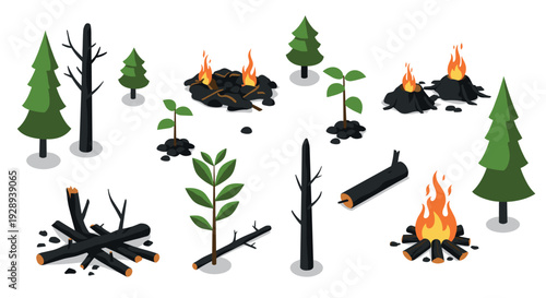 set of hand drawn forest trees burnt logs new growth and campfire flames in flat design