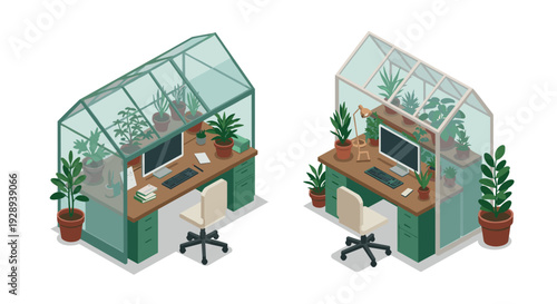 two isometric work desk setups with computer glass greenhouses and indoor plants in hand drawn style