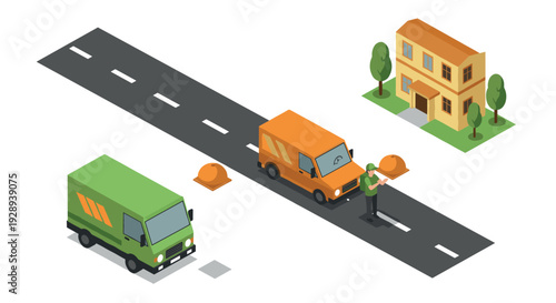 isometric road repair scene with worker orange and green trucks and house illustration