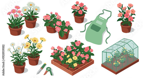 potted flowers gardening tools glass greenhouse and apron hand drawn vector illustration set